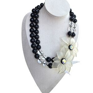 Vintage Lucite Rose Flower Black Beaded Necklace White Crystal AVANT-GARDE